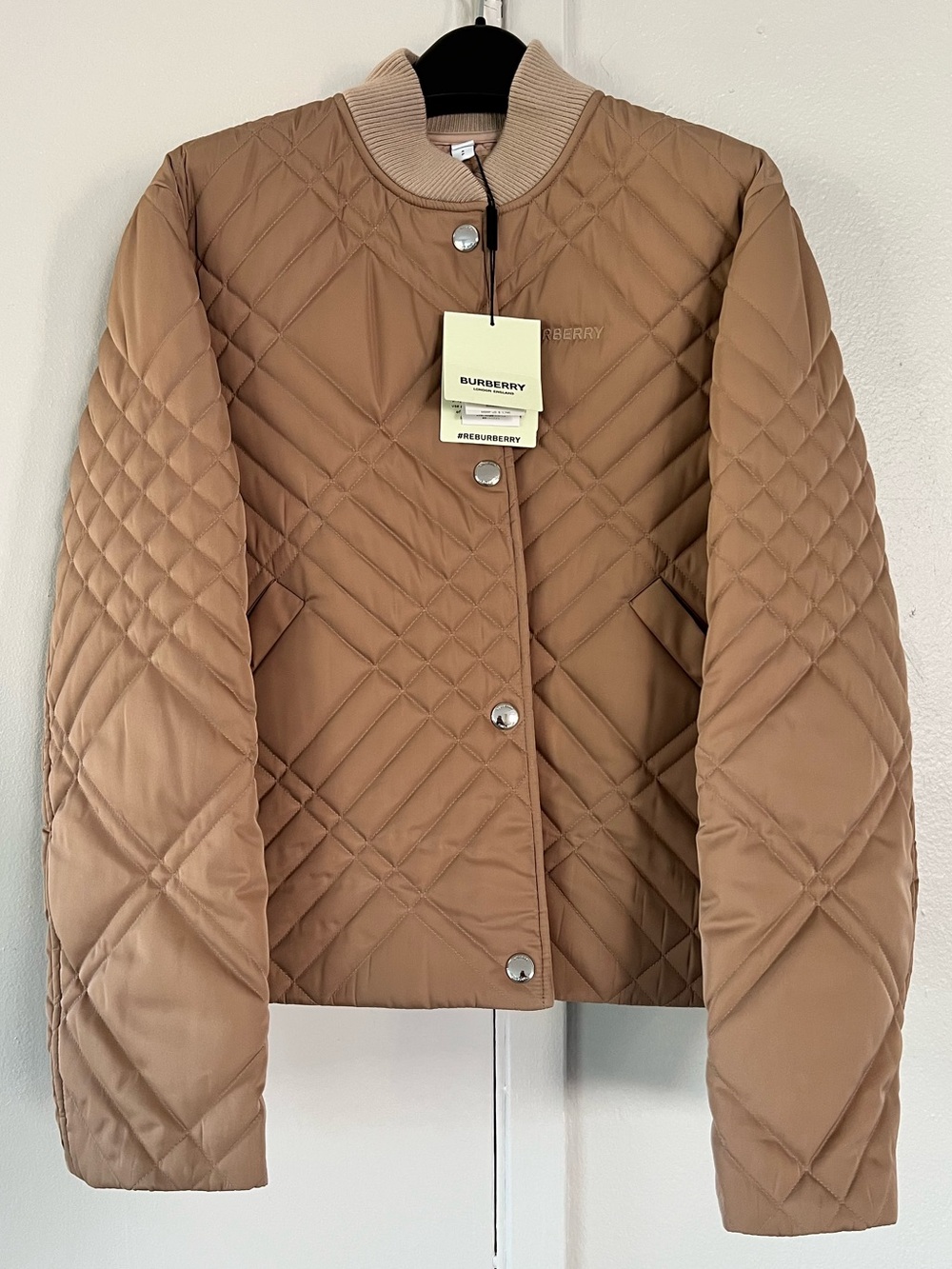 Burberry Quilted Puffer Jacket in Camel Brown Snap Front Closure NWT